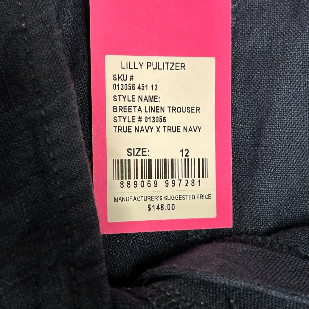 NWT Lilly Pulitzer Womens 12 Lagoon Linen Pant Breeta Linen Trouser True Navy‎ - Picture 4 of 6